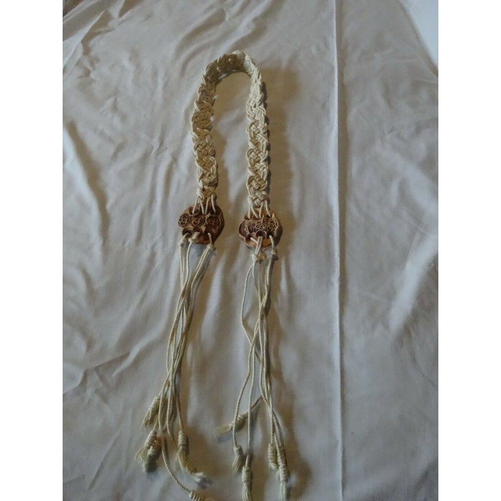 Vintage Macrame Beaded CERAMIC Medallion Belt 70's Knotted Boho Hippie 47"1 1/4"